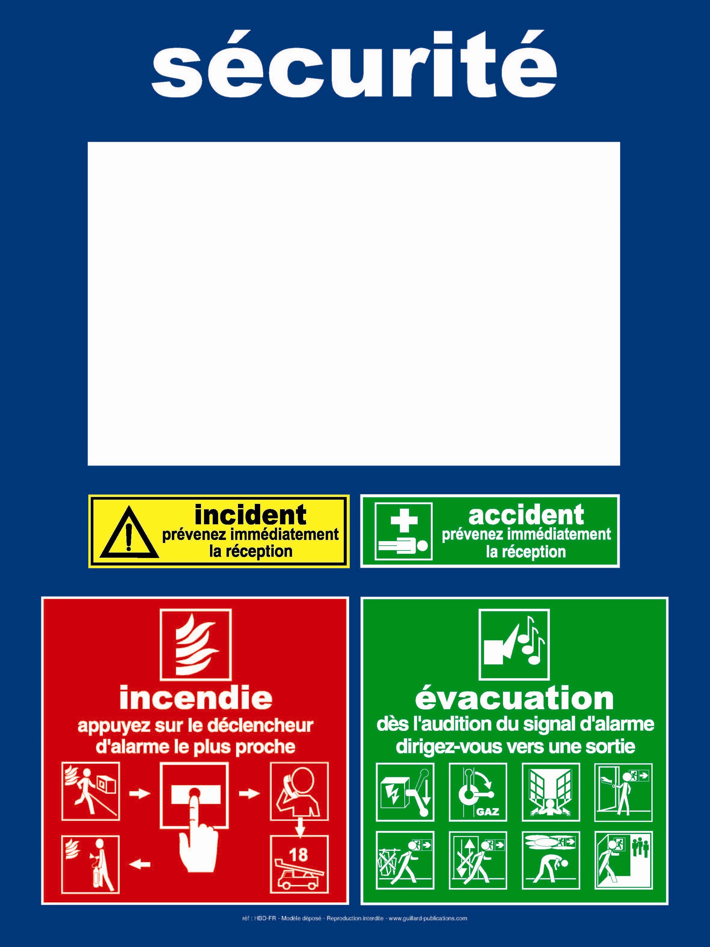 HOTEL - CUISINE ET SERVICES - Panneau  scurit incident+accident+incendie+vacuation avec emplacement pour plan d'vacuation -  HBD.COUL.FR