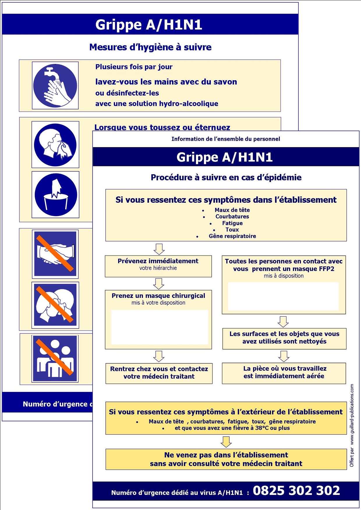 PANDEMIE - GRIPPE VIRUS A/H1N1 - Affiches PROCEDURE et MESURES D'HYGIENE A SUIVRE