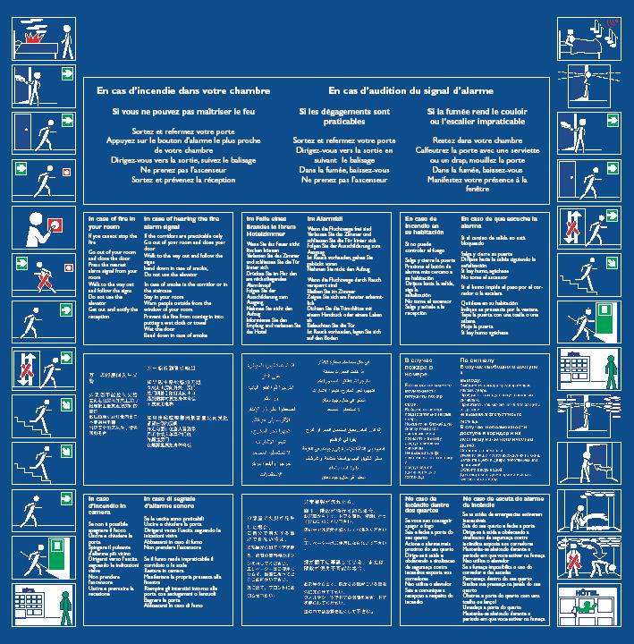 HOTEL - CHAMBRE - HOT.BD.10L -  Panneau de consignes de scurit  pour CHAMBRE en 10 langues + bande dessine