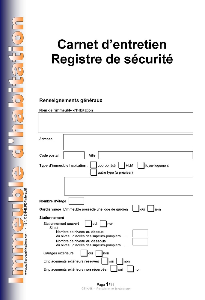CARNET D'ENTRETIEN  REGISTRE DE SECURITE pour IMMEUBLE D'HABITATION en PDF Interactif