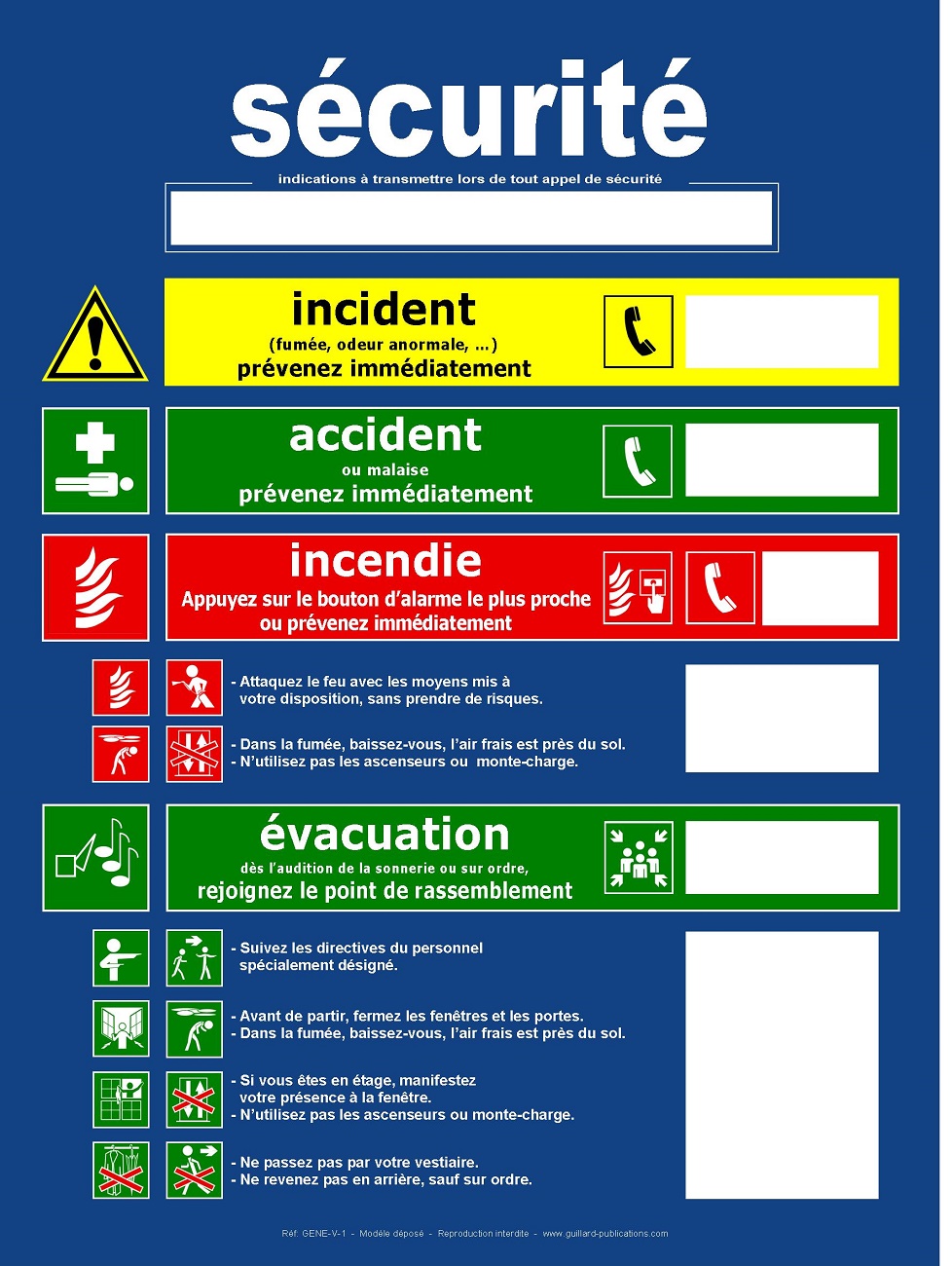 ERP et ERT - Panneau de consignes Incendie Evacuation Accident Incident , présentation verticale - GENE.V1